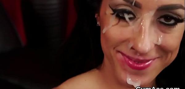  Wicked sex kitten gets jizz shot on her face eating all the load